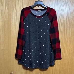 Viamor Red Plaid and Gray Polka Dot Long Sleeve Top